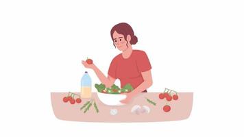 Animated cooking female character. Make salad. Prepare vegetables. Full body flat person on white background with alpha channel transparency. Colorful cartoon style HD video footage for animation