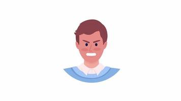 Animated furious young man emotion. Angry male. Irate guy. Flat character head with facial expression animation. Colorful cartoon style HD video footage on white with alpha channel transparency