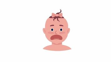 Animated scared baby emotion. Crying little girl. Flat character head with facial expression animation. Colorful cartoon style HD video footage on white with alpha channel transparency
