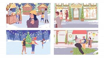 conjunto de ilustraciones navideñas animadas. invierno colección de animación de personajes de dibujos animados 2d de color plano en bucle sobre fondo decorado. video hd con canal alfa