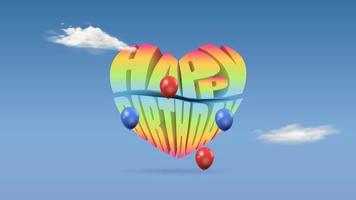 Happy birthday animation. colorful 3d text with love shapes. balloon and cloud decoration. Animated floating illustration video