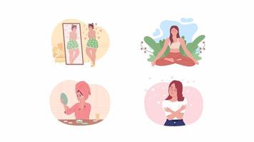 Animated isolated self support set. Wellness activities. Looped flat 2D characters HD video footage with alpha channel. Colorful animation on transparent background for website, social media