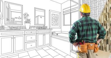 4k Looping Cinemagraph of Contractor in Hard Hat Facing Drawing of Bathroom Design Transitioning to Photo video