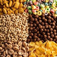 Variety of cold cereals overhead photo