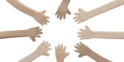 Hand reaching to the middle concept of team work 3d render png