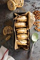 Ice cream sandwiches with chocolate chip cookies photo