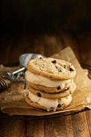 Ice cream sandwiches with chocolate chip cookies photo