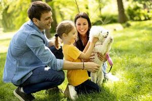 Beautiful happy family is having fun with bichon dog outdoors photo