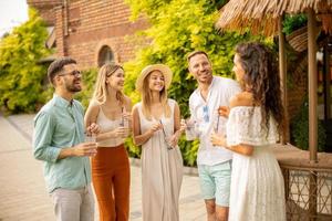 Group of young people cheering and having fun outdoors with drinks photo