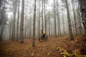 Young man biking through autumn forest photo