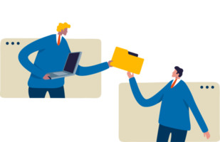 Online communication and business discussion. Two Businessman on connected screens. Send files remotely. Illustration png