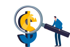 Dollar price analysis. Revenue growth or investment profit. financial analysis concept. Businessman investor holding a magnifying glass analyzing dollar prices. Illustration png