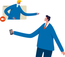 Talking through video calls. Two Businessman are having a video conference. teammate working remotely using smartphone. Illustration png