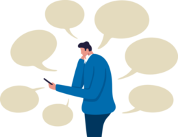 Communication problem or overload. Businessman holding a mobile phone full of online speech bubble. Illustration png