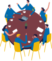 equipo desinteresado sentado alrededor de una mesa en una reunión. gente alrededor de una mesa. ilustración png