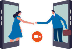 Business handshake. communication Business agreement. two businessman and woman handshake on connected screens. Illustration png