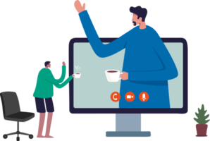 Virtual Meeting from Home. Two Guys Having Online Meeting. Illustration png