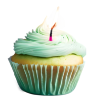 a cupcake with a lit candle on top of it. Generative AI. png