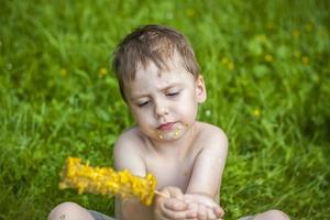 A cute blond boy appetizingly eats corn in the summer, sitting on the bank of the river on the juicy grass. Funny facial expression. photo