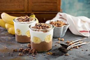 Chocolate chia pudding parfait with banana photo