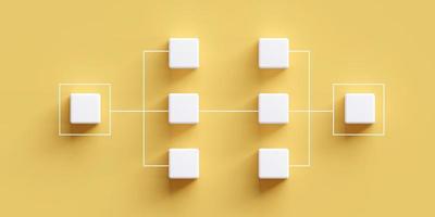 cubos blancos con líneas que conectan diagramas sobre fondo amarillo. concepto de estructura organizativa. gráfico de posición gestión organizacional y gestión de recursos humanos. ilustración 3d foto