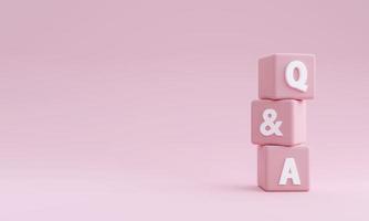 Three  pink  cubes with Q and A on pink background with copy. FAQ Concepts, Q and A, Question Frequency, Inquiries, Answers, Questions, Business Customer Service, and Support. 3D render illustration photo