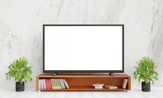 TV on wooden table in living room with white walls, blank white TV screen in modern living room. with copy space Advertising design and public relations. 3D rendering photo