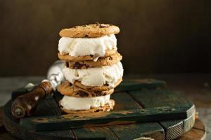 Homemade ice cream sandwiches with chocolate chip cookies photo