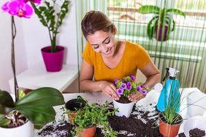 macetas para plantar. mujer jardinería en macetas. cuidado de plantas la jardinería es más que un hobby. encantadora ama de casa con flor en maceta y juego de jardinería. cuidar una planta en maceta foto