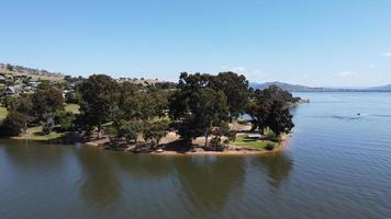 Lake Hume Picnic Area, Overlooking Lake Hume is the picturesque town of Bellbridge at Victoria state of Australia, aerial photography by drone. photo