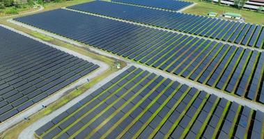 Aerial view of solar farm. Solar power for green energy. Sustainable resources. Solar cell panels use sun light as a source to generate electricity. Photovoltaics or PV. Sustainable renewable energy. photo