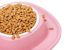 Dry pet food, grain-free formula in a white plate and a pink silicone stand. Food for animals. photo