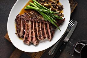 Beef steak with asparagus and mushrooms photo
