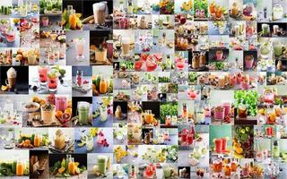 Large collage with various warm and hot drinks photo
