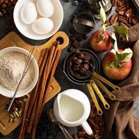 Fall baking concept with apples, oats and flour photo