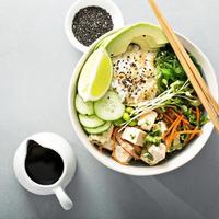 Poke bowl with silken tofu, rice and vegetables photo