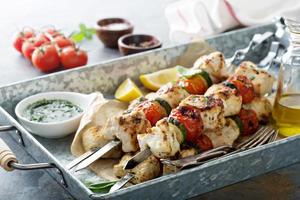 Chicken kabobs on a tray photo