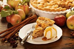 Piece of an apple pie with ice cream on a plate photo