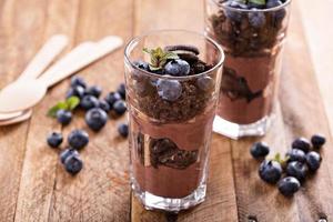 Chocolate pudding parfait with cookie crumbs photo