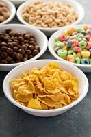 Variety of cold cereals in white bowls photo