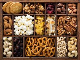 Variety of healthy snacks overhead shot photo