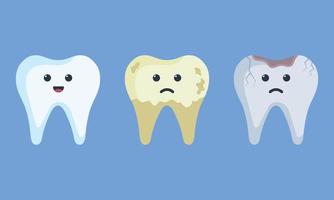 Cute cartoon healthy white happy teeth and yellow spoiled sad tooth with smiling faces. Dental Infographic elements concept vector illustration in flat design.