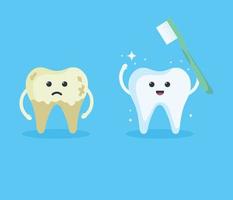 Cute healthy white and yellow spoiled sad tooth. children dentistry sad character. Dental Infographic elements concept vector illustration