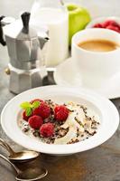 Quinoa porridge with raspberry and coconut flakes photo