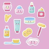 Collection of stickers kawaii cosmetics for face. Vector