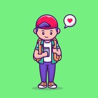 Cute Boy With Mobile Phone Cartoon Vector Icon Illustration. People Technology Icon Concept Isolated Premium Vector. Flat Cartoon Style