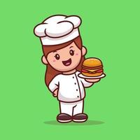 Woman Chef With Burger Cartoon Vector Icon Illustration. People Profession Icon Concept Isolated Premium Vector. Flat Cartoon Style