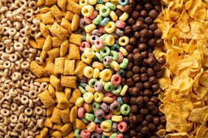 Variety of cold cereals overhead photo