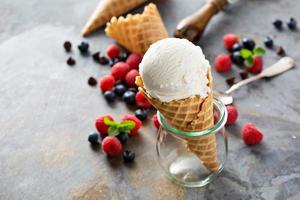 Vanilla ice cream scoop in a waffle cone photo