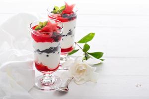Red blue and white yogurt parfait photo